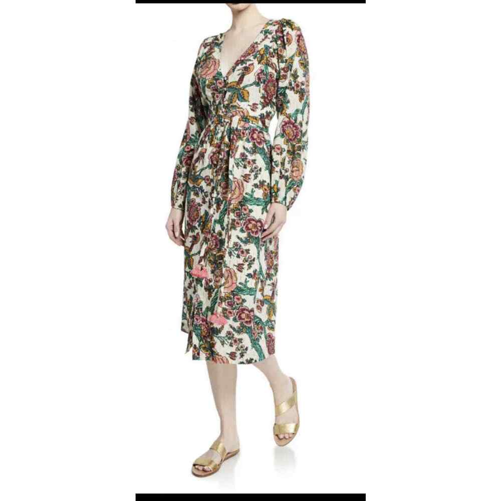 Figue Malina Belted Metallic Birds Floral Paradise Printed Midi Dress $625 Small